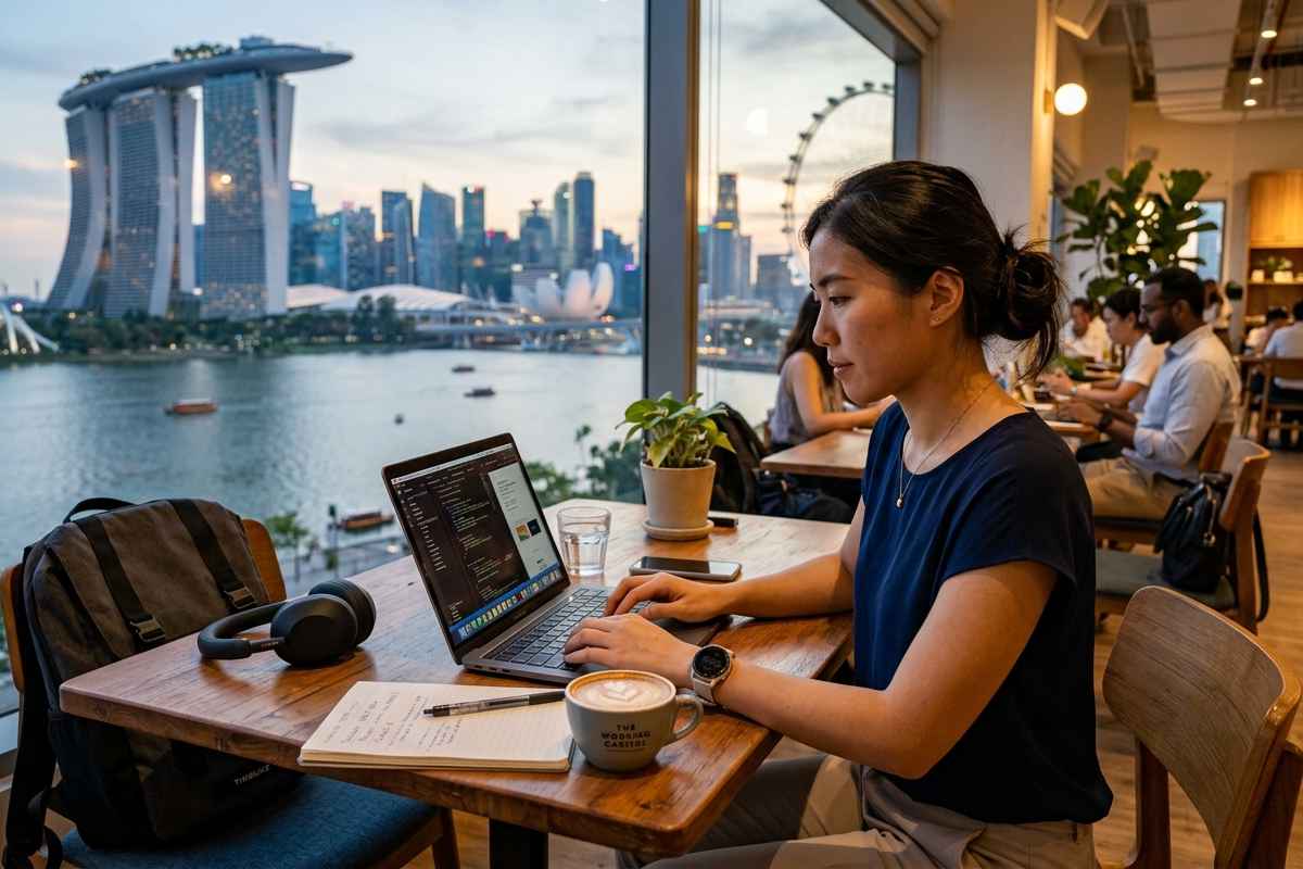 Freelancer working from a waterfront café in Singapore while researching how to save for retirement as a freelancer
