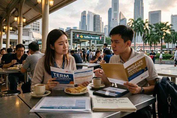 Fresh grads discussing term life vs whole life insurance in Singapore café