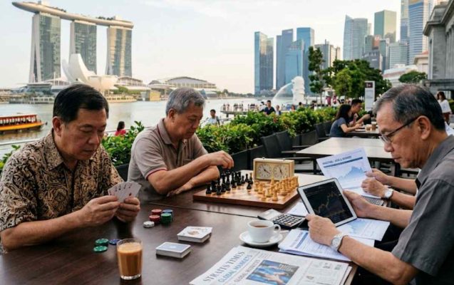 Men by the Singapore waterfront showing an investing mindset through poker chess, stock charts, and strategy games.