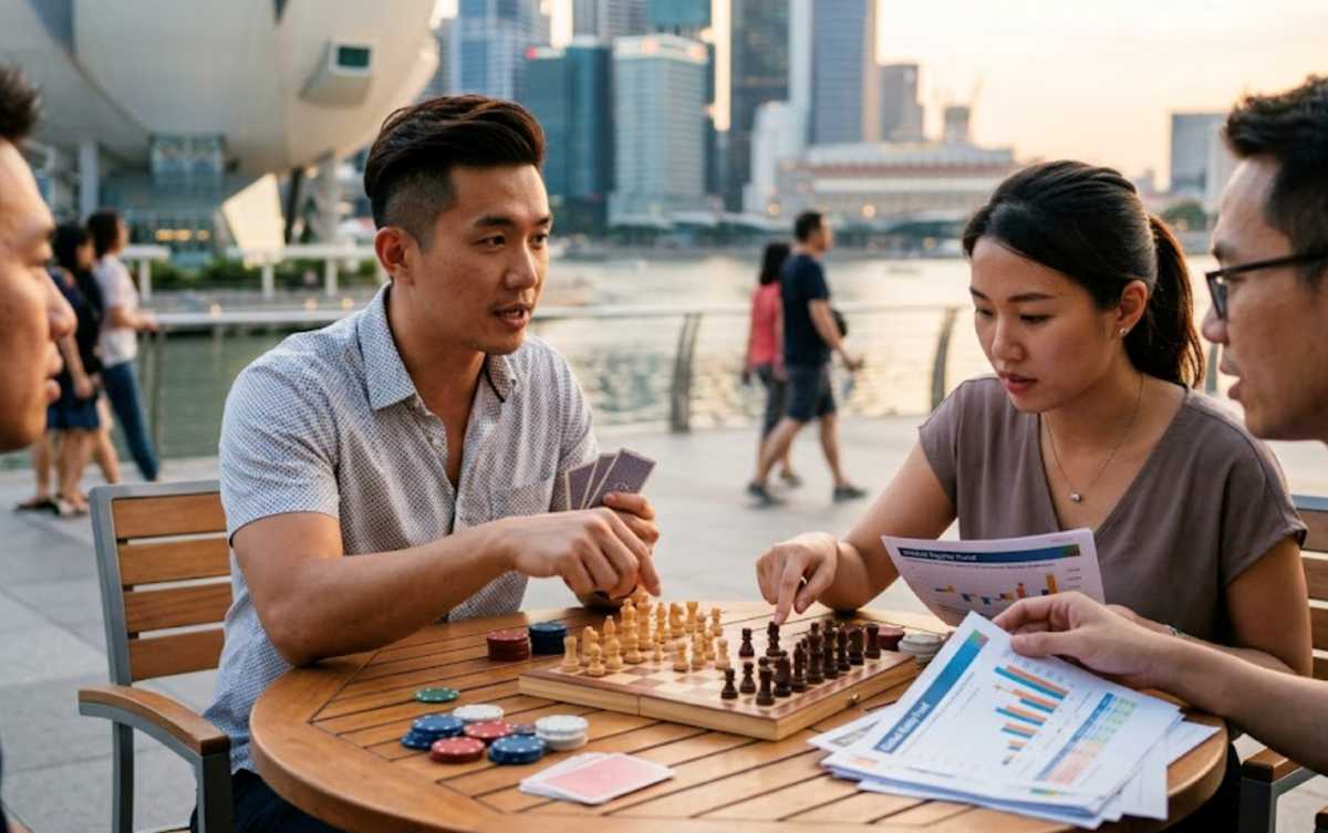 Young adults showing an investing mindset through poker, chess, and fund reports by Singapore’s waterfront.