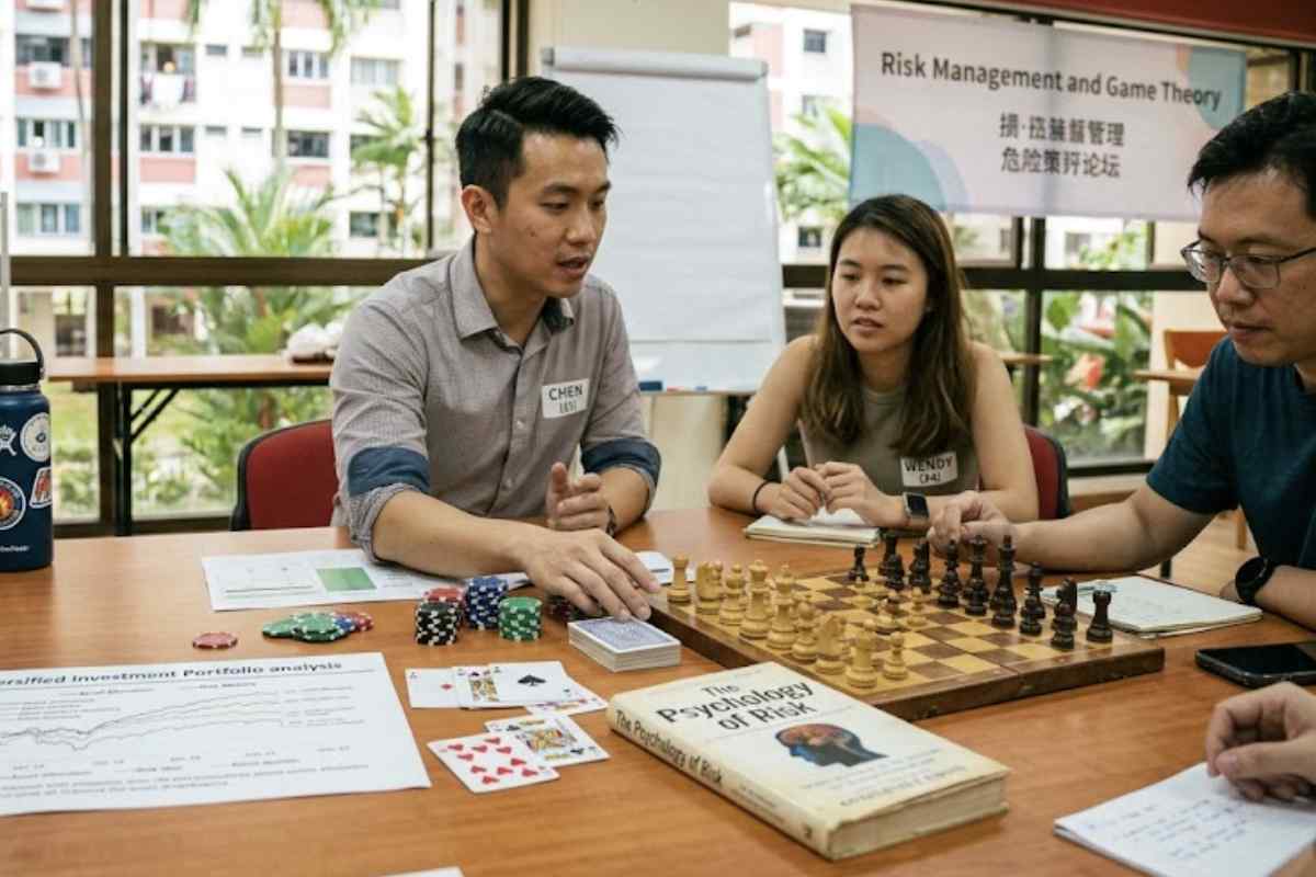 Risk management seminar showing investing mindset lessons with poker, chess, cards, and investment charts.