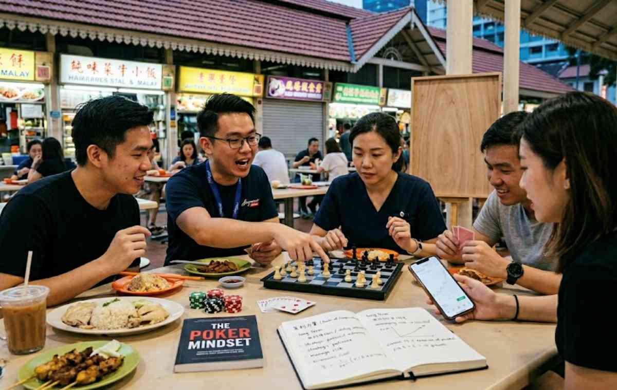 Young adults discussing investing mindset while playing poker and chess over hawker food in Singapore.