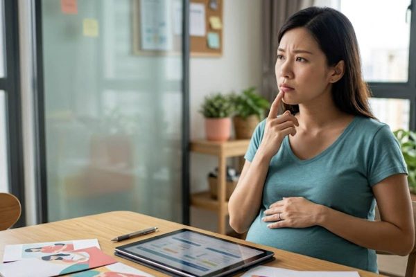 Pregnant woman comparing maternity insurance options on a tablet while planning for pregnancy and childbirth expenses.