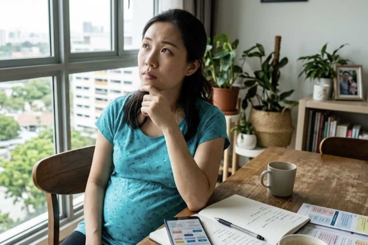 Pregnant woman considering maternity insurance while reviewing financial plans at home beside a smartphone and notebook.