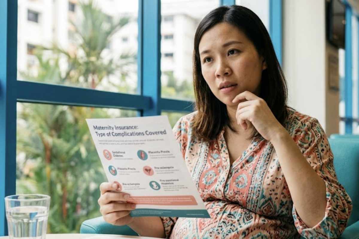 Pregnant woman reviewing a maternity insurance brochure to understand pregnancy complications covered by her policy.
