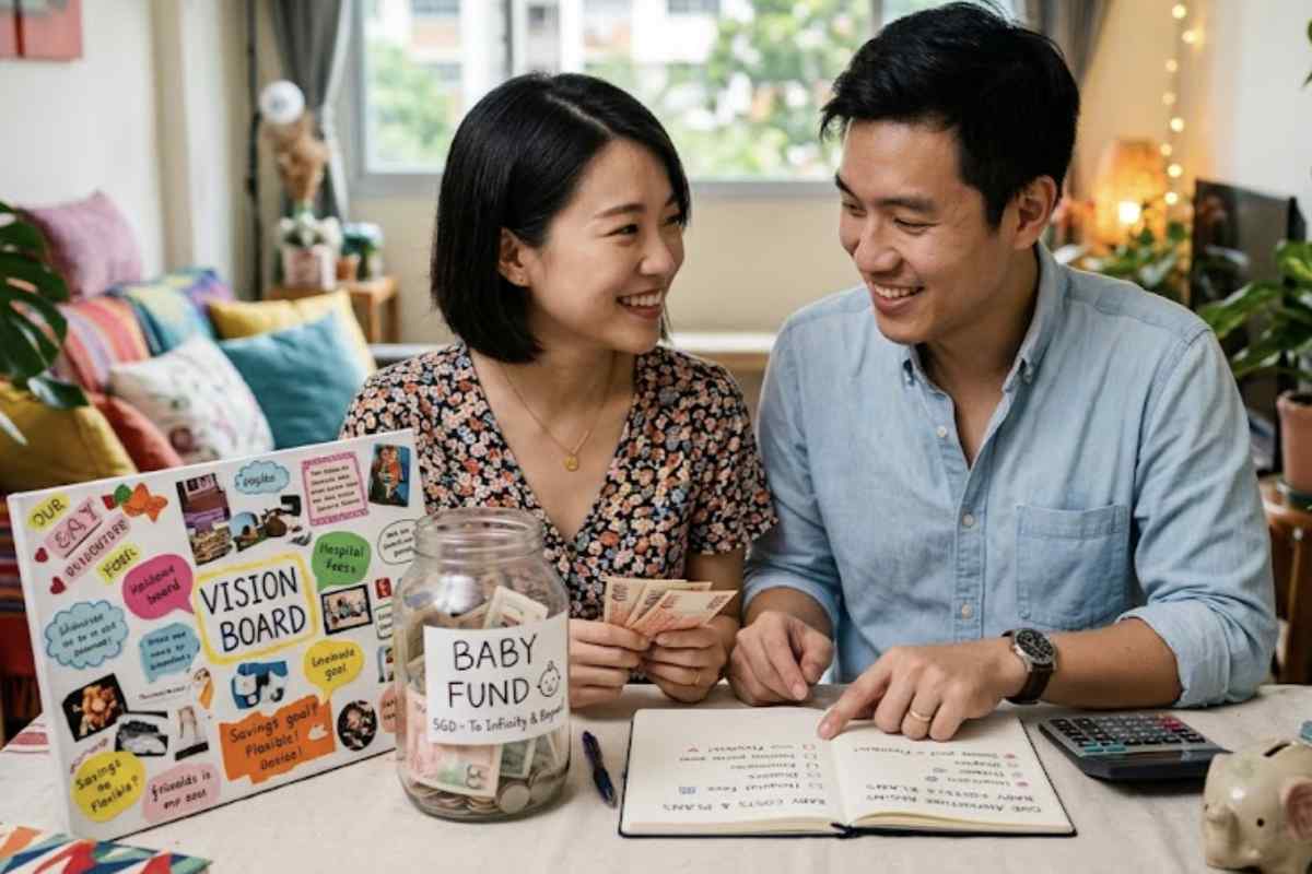 Young parents budgeting for baby expenses with cash, planner and piggy bank