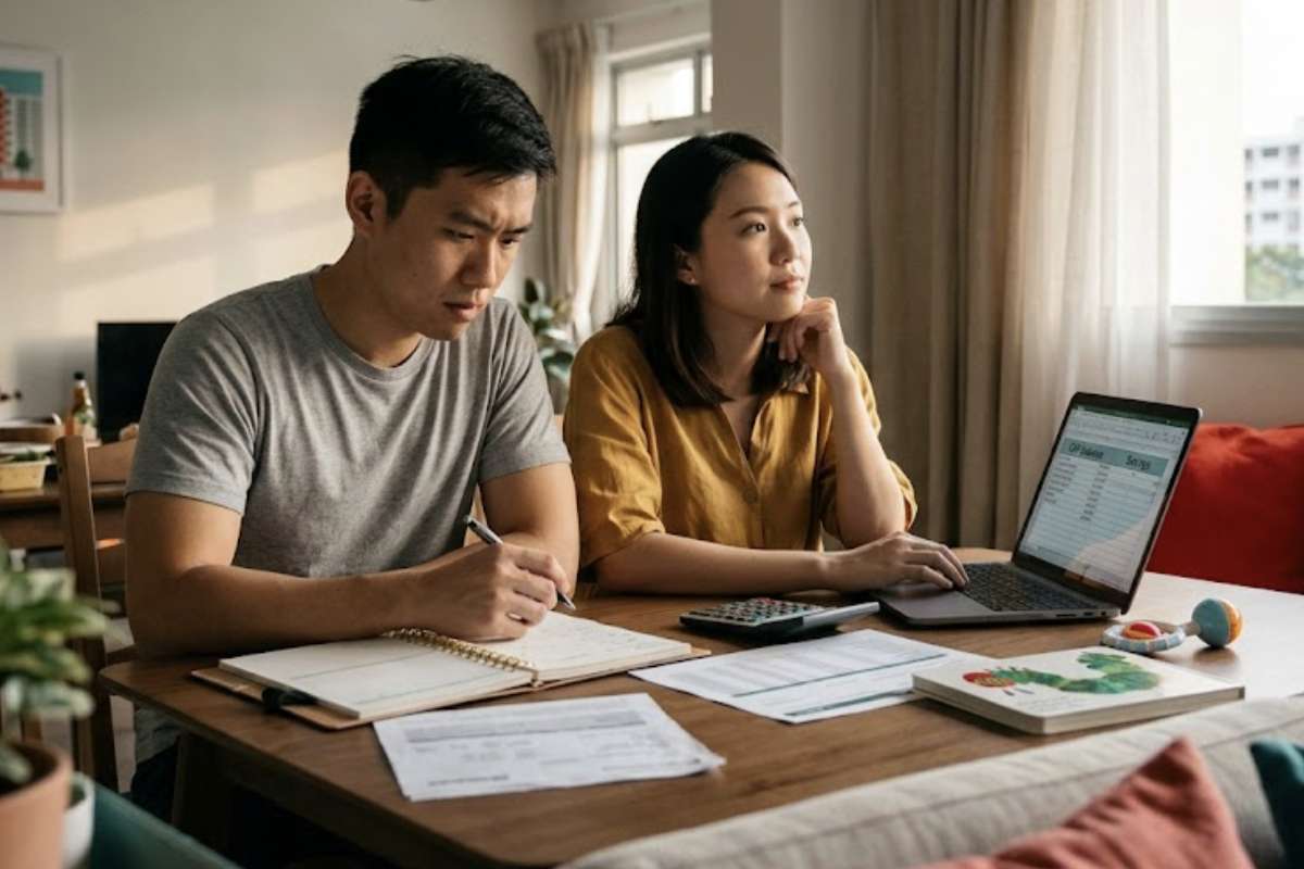 Young newlywed reviewing baby expenses and household finances in their living room