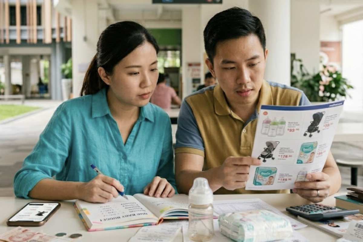 Newlywed comparing baby expenses for diapers, bottles and strollers while budgeting together
