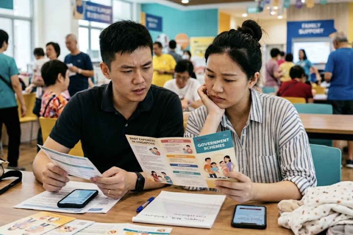 Newlywed reviewing baby expenses and government schemes at a family support centre