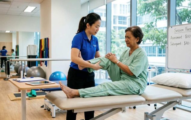 Physiotherapist supporting an elderly woman’s recovery while Physiotherapy Cost session fees are shown on a board
