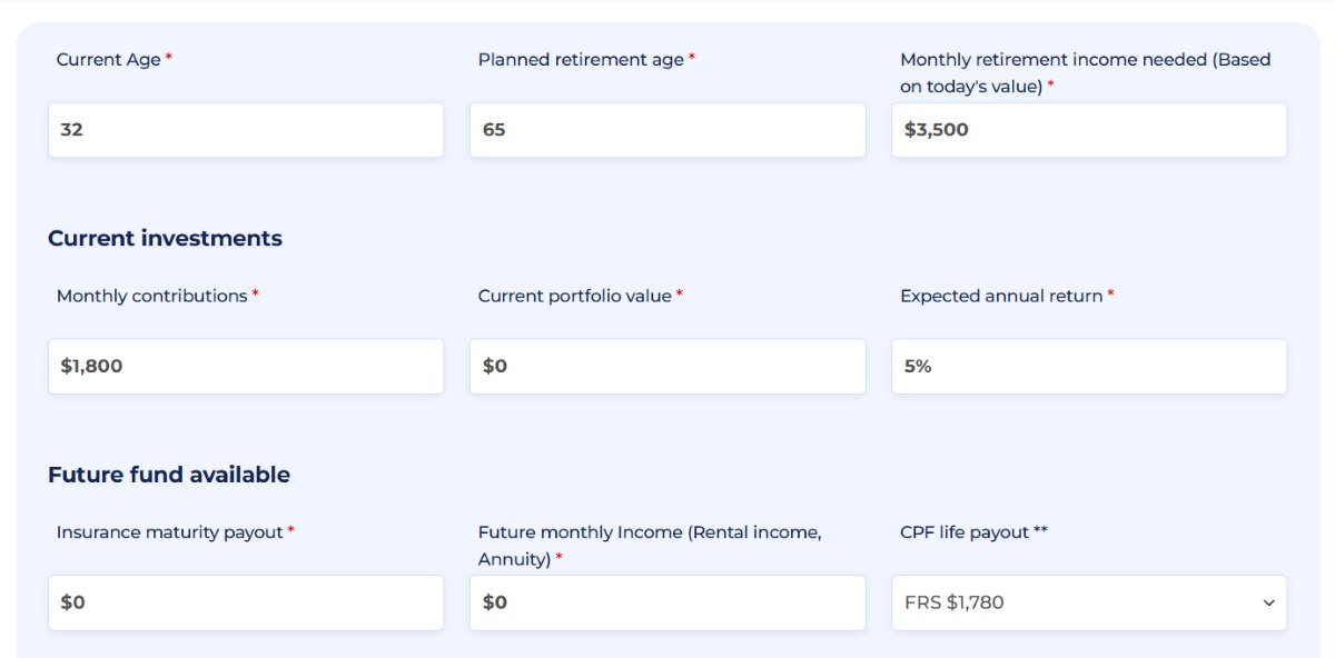 Retirement calculator with fields for age, monthly contributions, investment returns, and CPF LIFE to estimate how to save for retirement as a freelancer