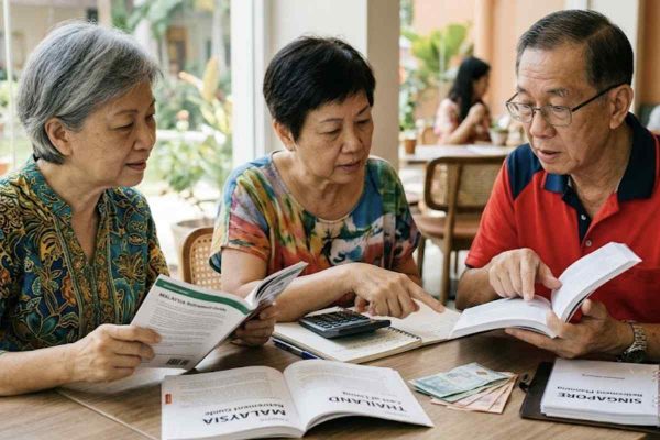 Elderly Singaporeans reviewing retirement costs and financial planning guides together