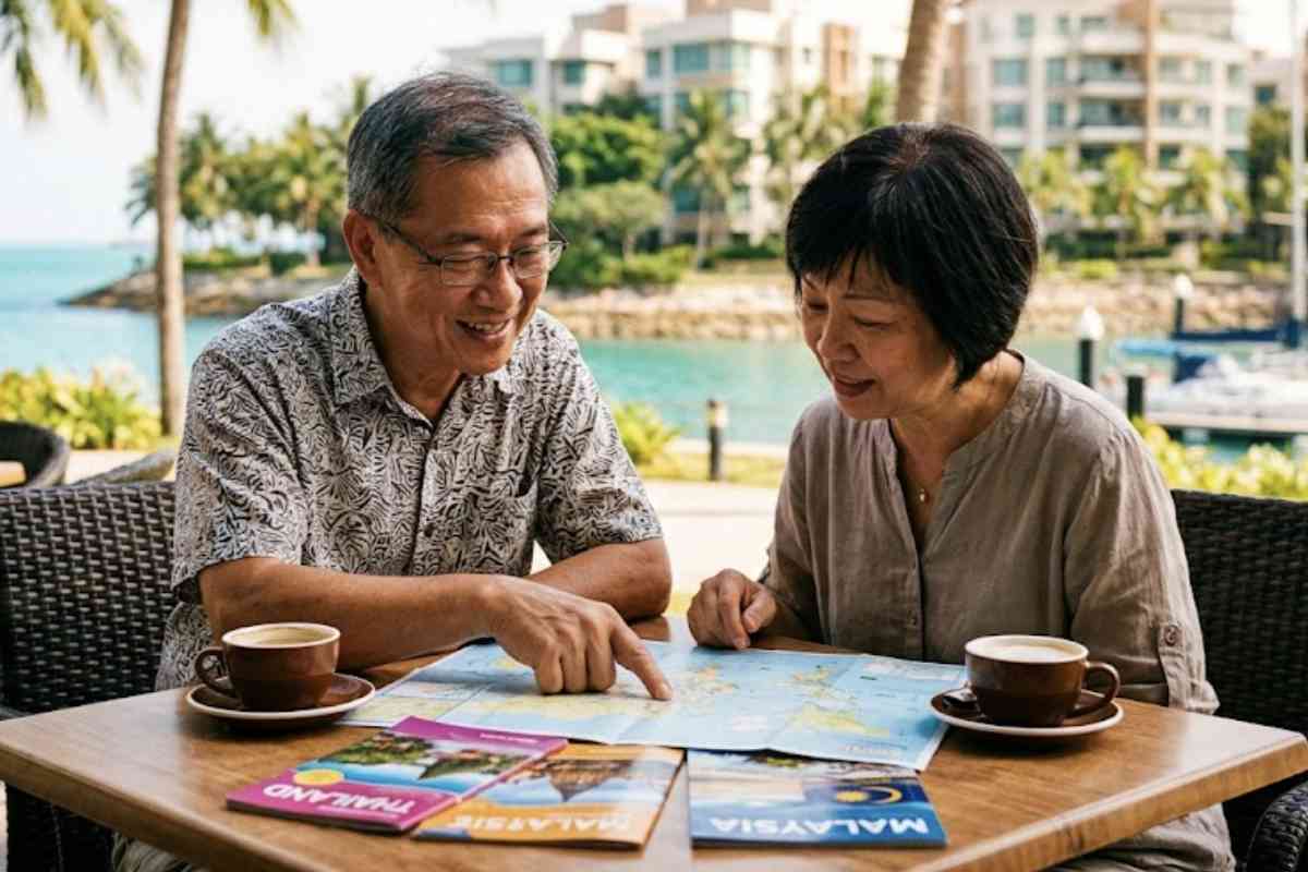 Seniors exploring lower retirement cost options overseas with a map and coffee