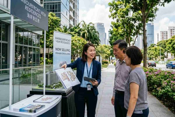 Property agent explaining condo sale options before buying HDB flat in Singapore
