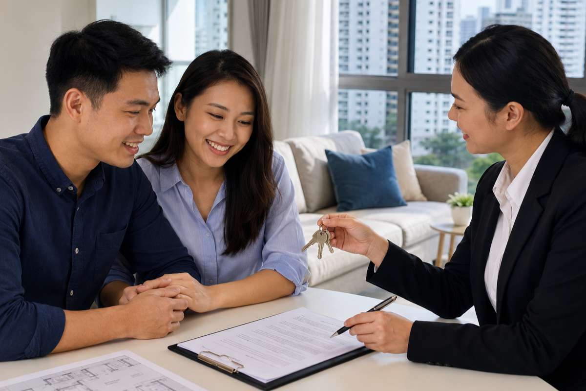 Couple discussing property documents with an agent before buying HDB flat in Singapore