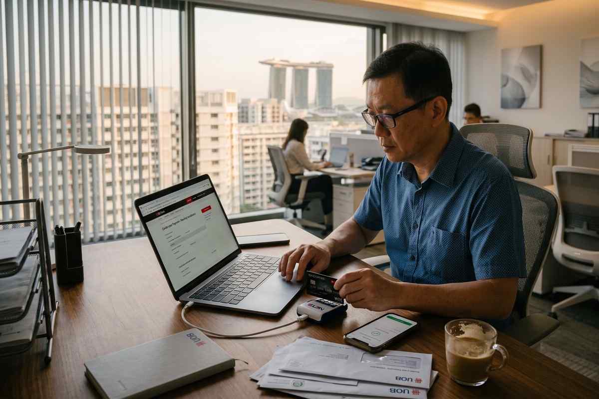 Man reviewing finances online before buying HDB flat after selling a condo in Singapore