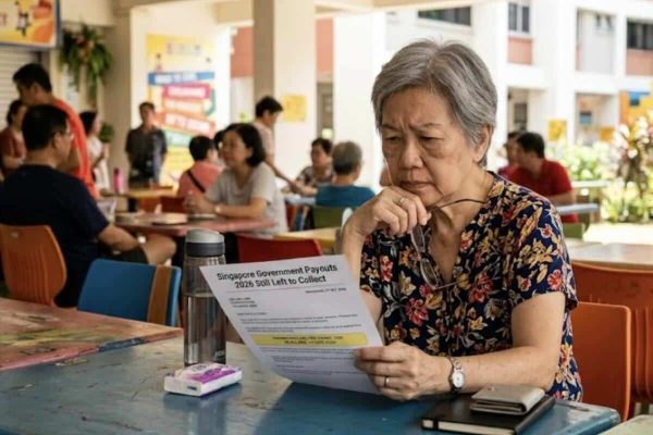 Senior woman reviewing her Singapore government payout 2026 notice while seated at a hawker centre in Singapore