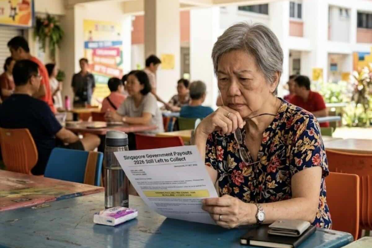 Senior woman reviewing her Singapore government payout 2026 notice while seated at a hawker centre in Singapore