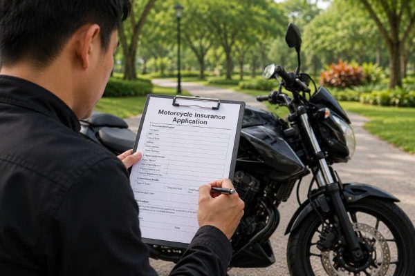 Man filling out a motorcycle insurance in Singapore application beside a parked bike