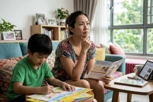 Parent comparing health insurance for children plans as her young child draws beside her in a bright family home