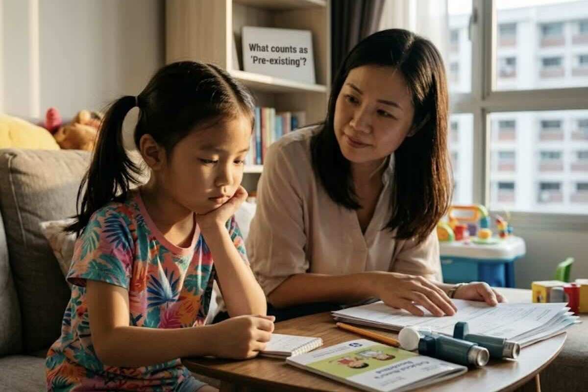 Mother reviewing health insurance for children options while comforting her daughter at home and discussing pre-existing conditions.