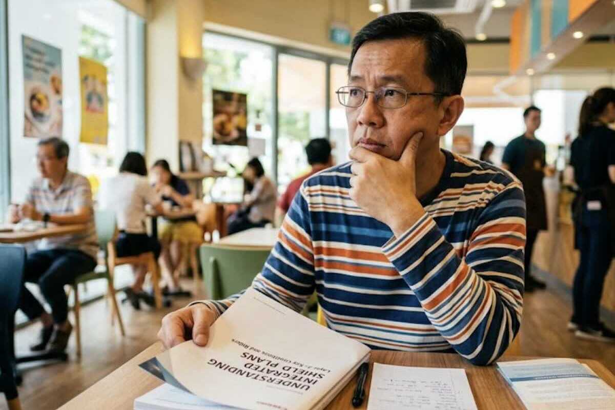 A man reading a guide on Integrated Shield Plans while comparing health insurance options at a café in Singapore
