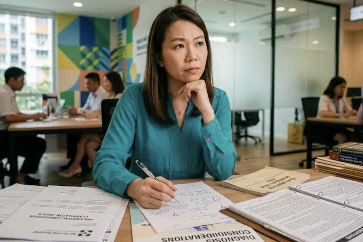 Woman reviewing health insurance for children documents and comparing policy options in a Singapore office
