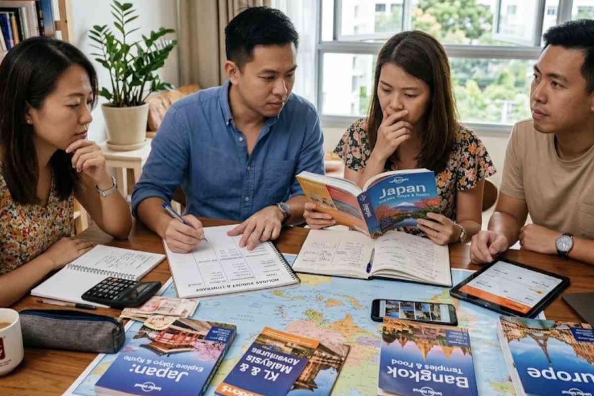 Group comparing travel costs, destinations, and expenses around a table to understand how to budget for a holiday.