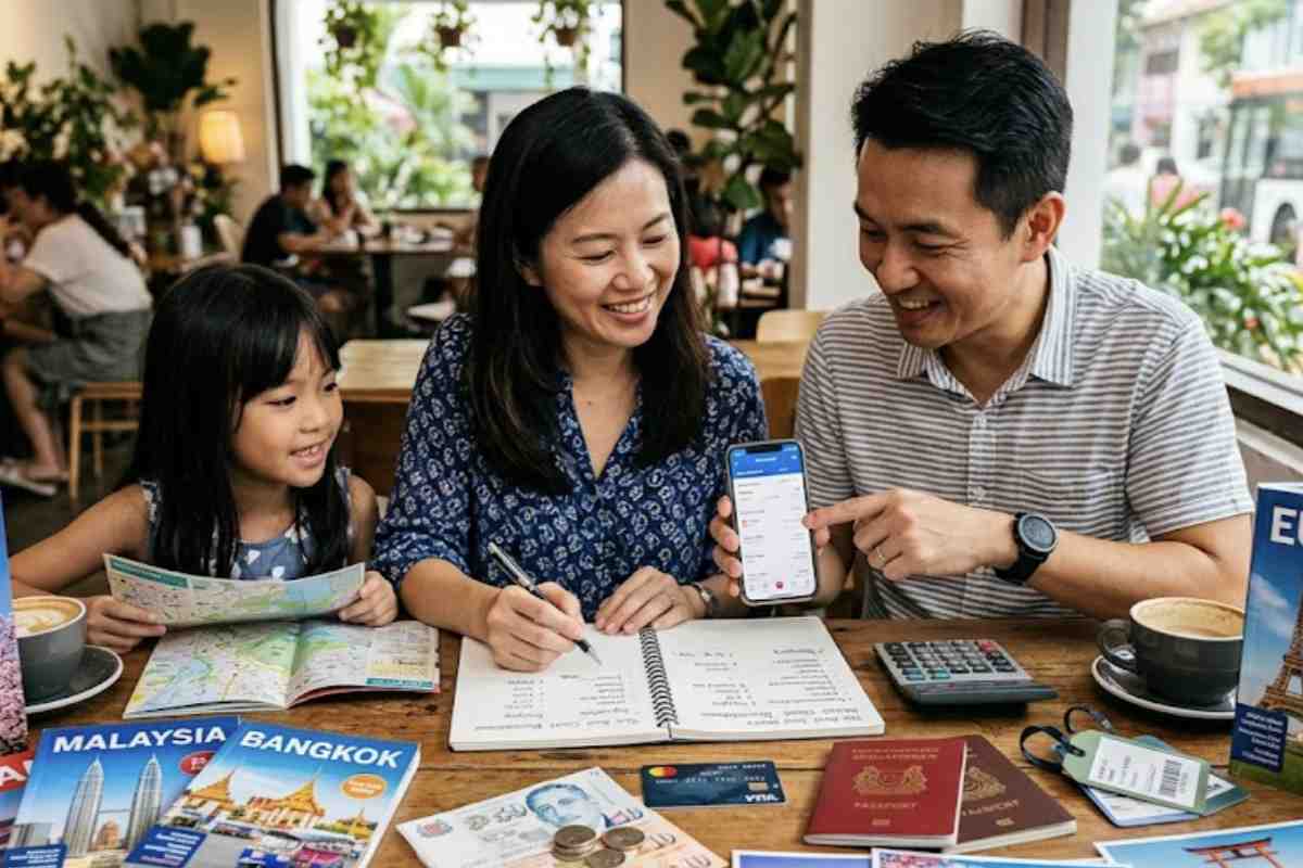 Family planning a holiday together with travel guides, passports, and a budgeting app while learning how to budget for a holiday.