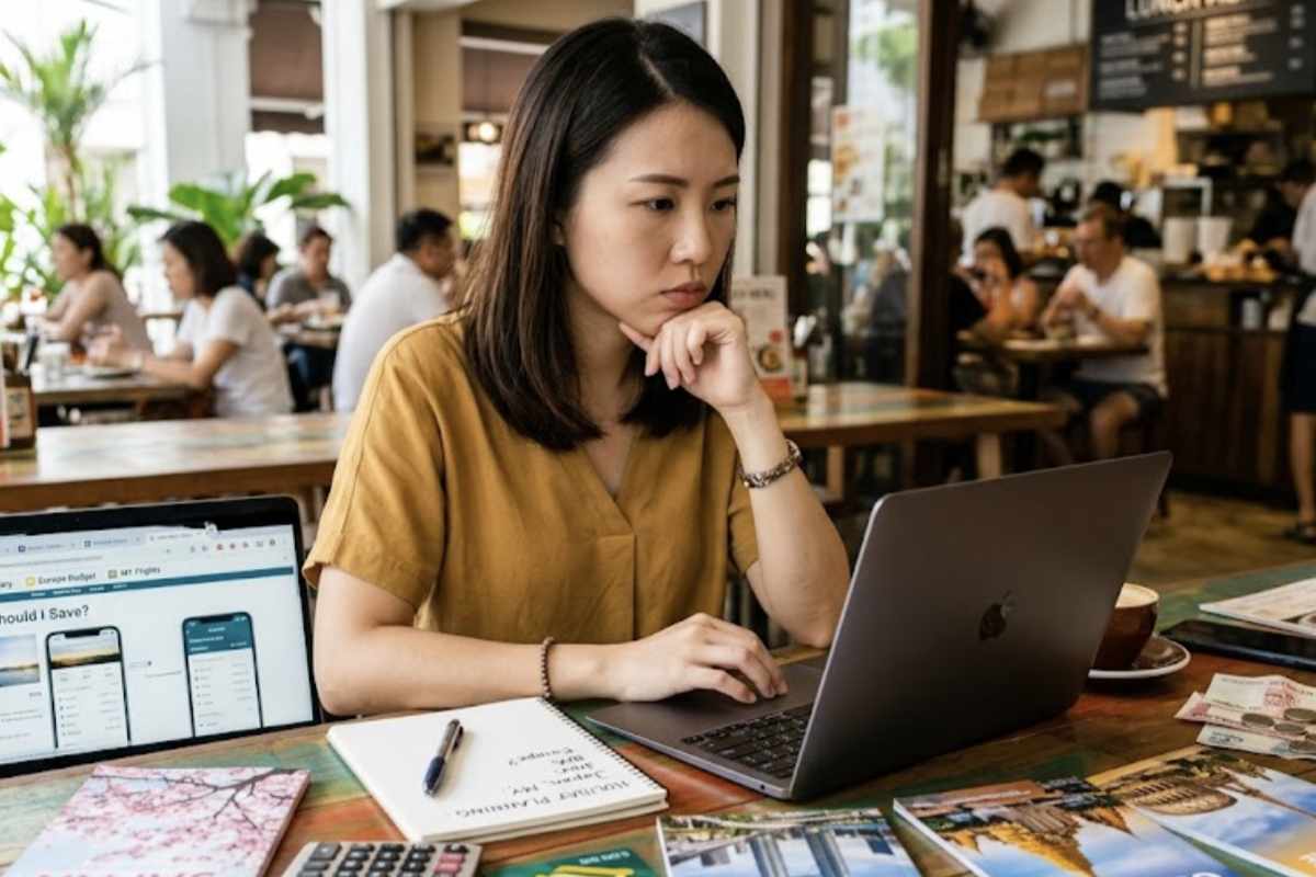 Woman comparing travel costs, foreign currency, and destinations as she plans how to budget for a holiday.