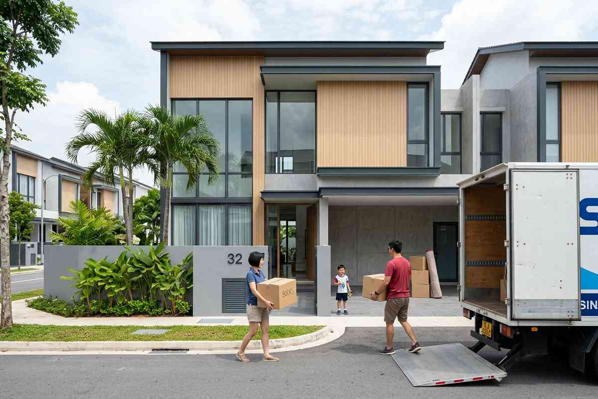Family moving into modern landed properties in Singapore with a moving truck and boxes.