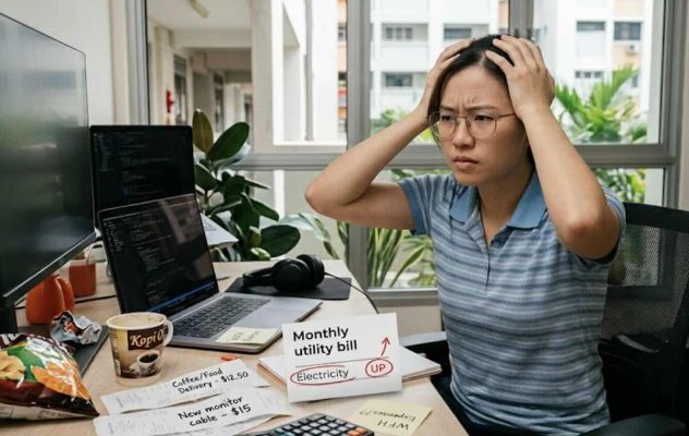 Young professional stressed by rising bills while trying to balance work from home expenses in Singapore.