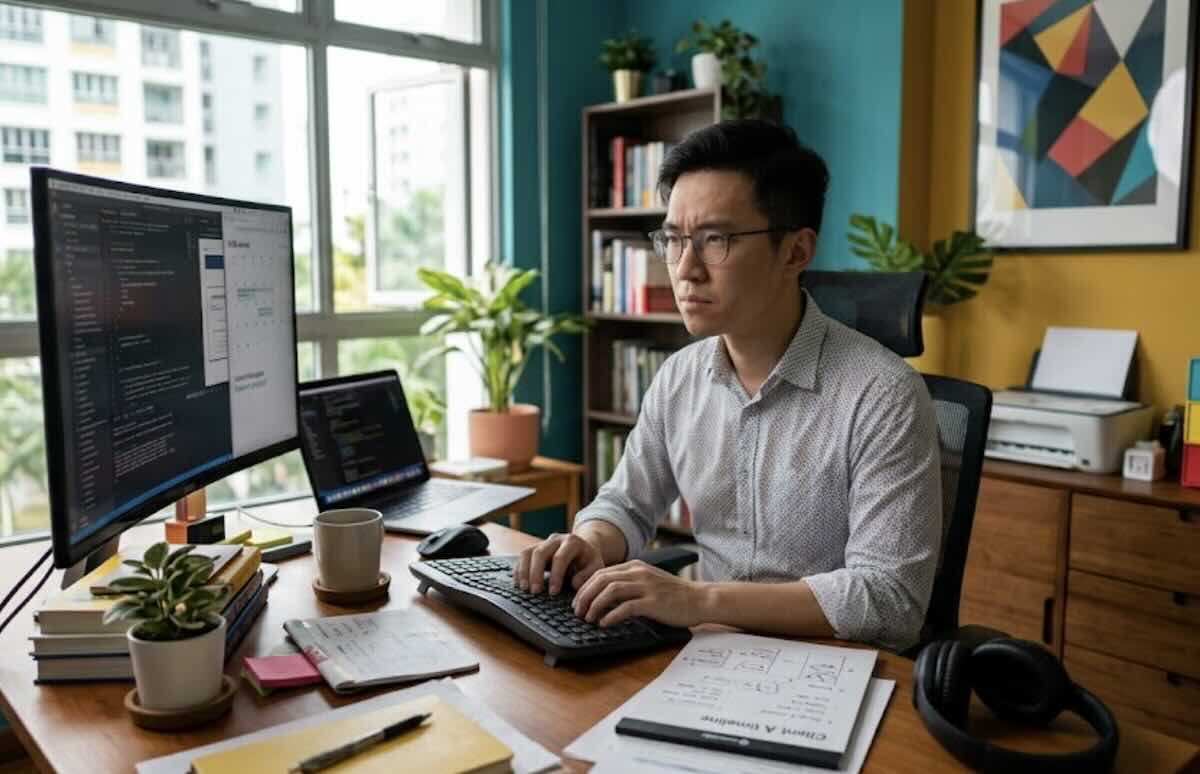 An employee concentrating on software development from a home office, illustrating a typical work from home routine.