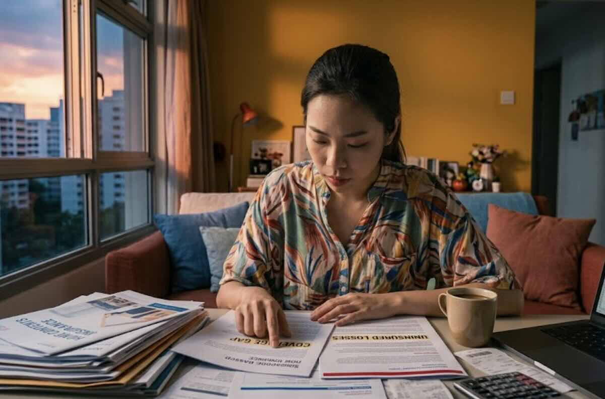 Woman reviewing bills and insurance documents at home after work from home, managing household finances in Singapore.