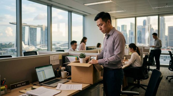 Office worker packing personal belongings into a box at his desk in a Singapore office.