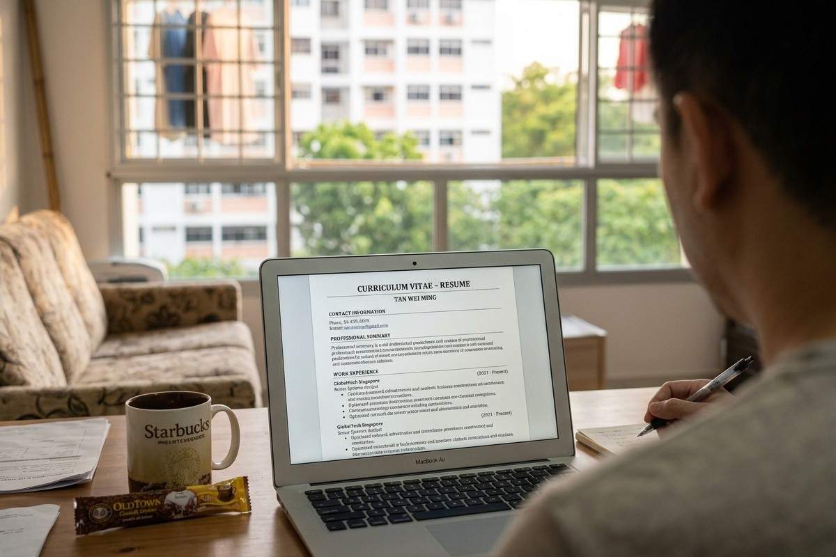 Person reviewing and editing a resume on a laptop at home in Singapore.