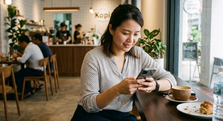 Woman using her smartphone at a Singapore cafe