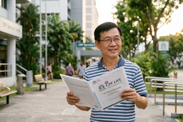 Singaporean senior man holding a CPF LIFE booklet about retirement income outdoors.