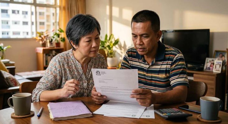 Couple reviewing CPF Special Account documents and retirement savings at home.
