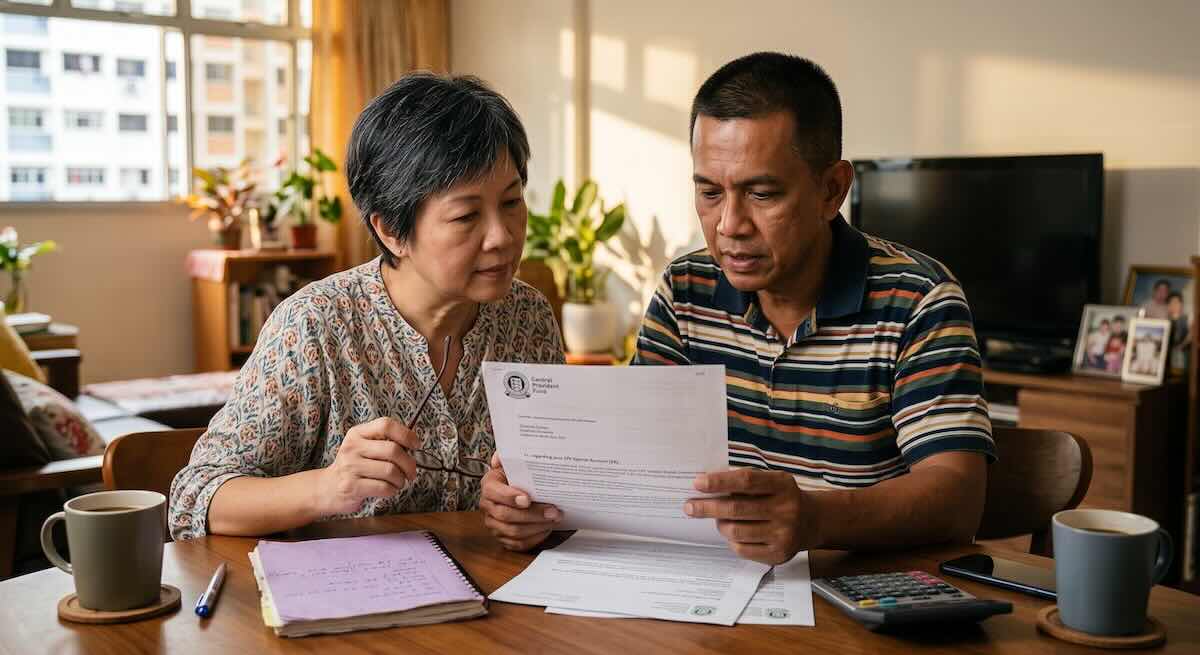 Couple reviewing CPF Special Account documents and retirement savings at home.