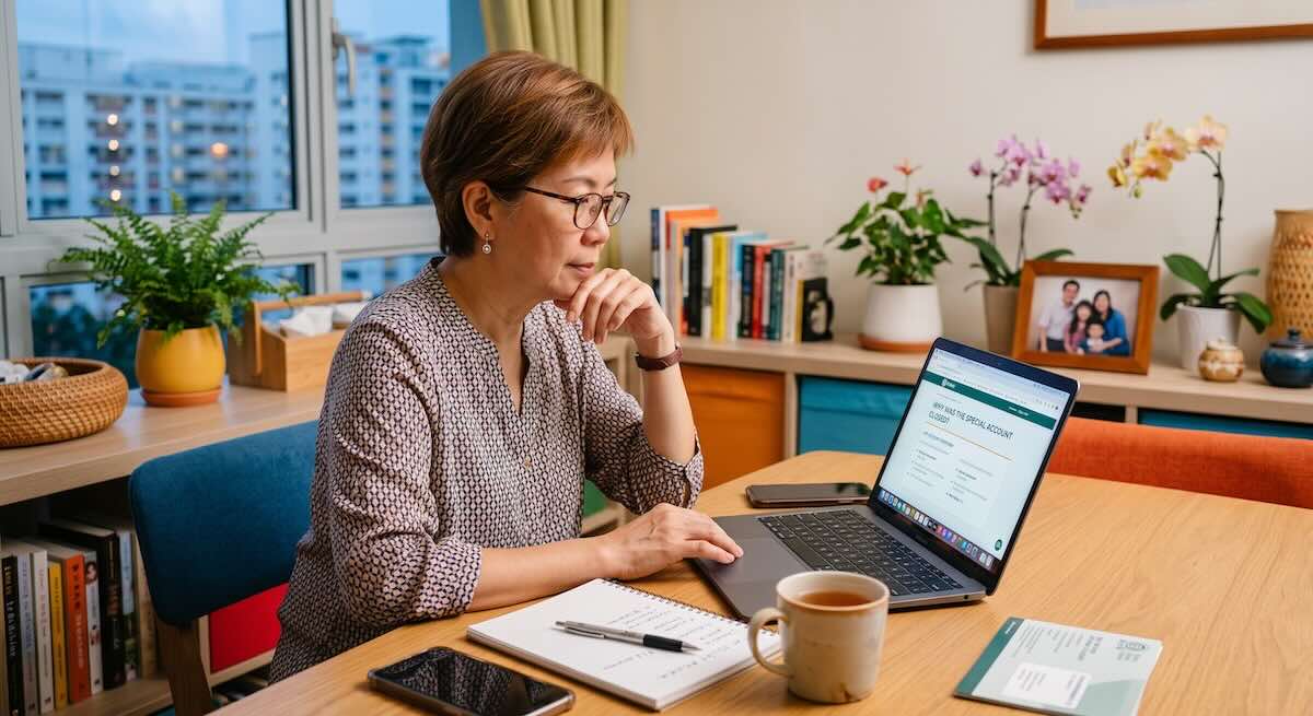 Woman reviewing information about the CPF Special Account closure on a laptop at home.