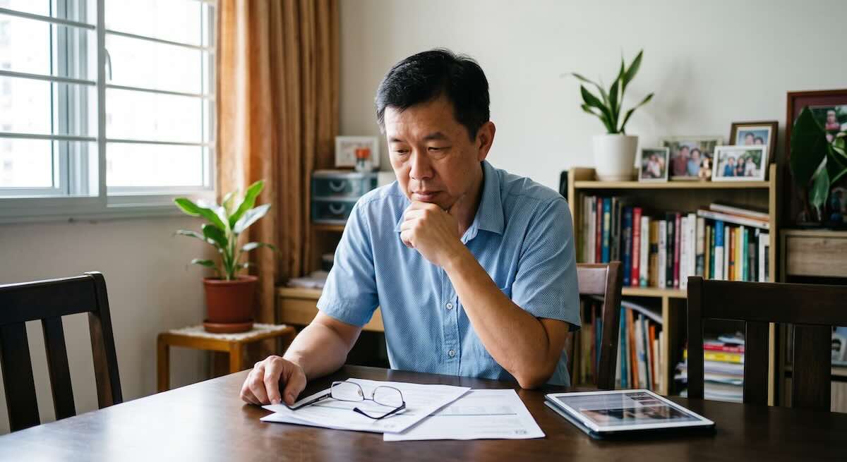 Man reviewing financial documents and considering his retirement savings at home.
