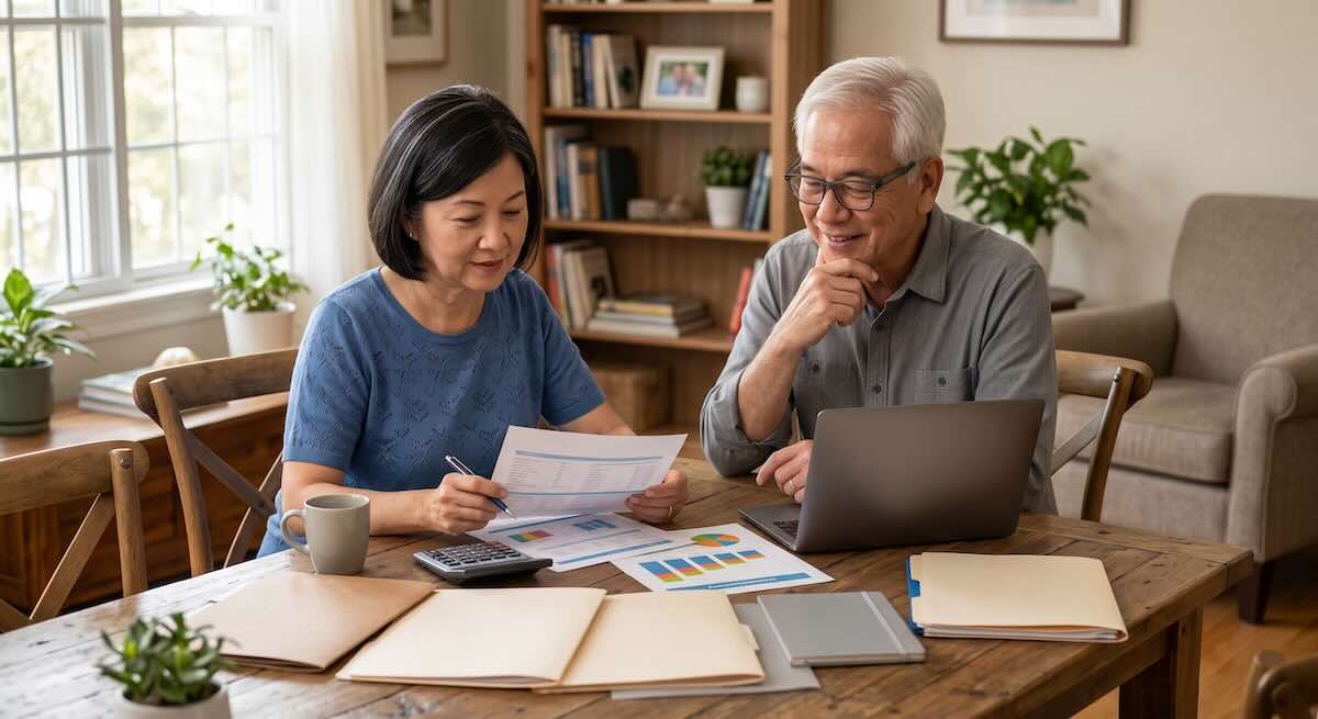Older couple reviewing retirement planning documents and financial charts together at home.