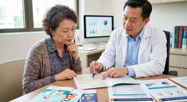 Doctor explaining cancer treatment coverage to a woman while reviewing medical documents.