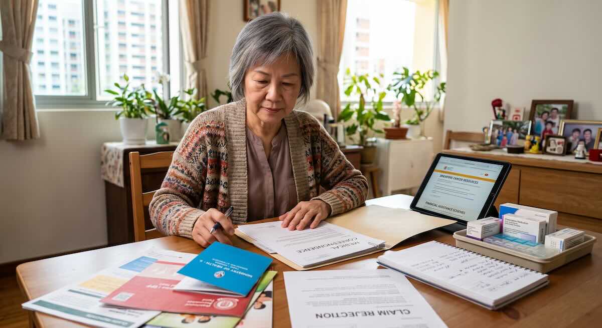 Older woman reviewing cancer treatment documents and financial assistance information at home.