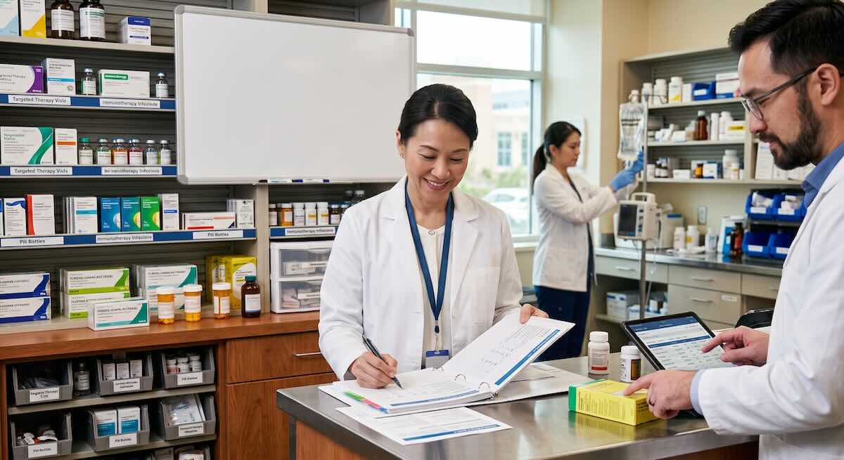 Healthcare professionals reviewing cancer drugs and treatment information in a pharmacy.