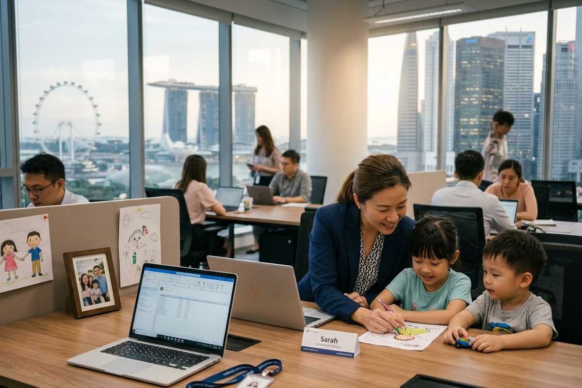 Working mother in a Singapore office helping her two children draw while balancing work and childcare.