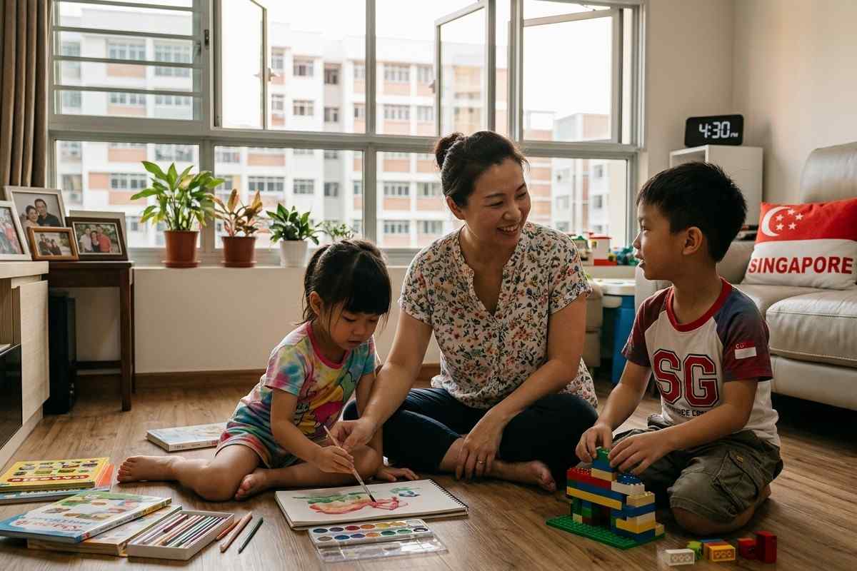 Singapore mother spending time with her two children at home, painting and building with toys.
