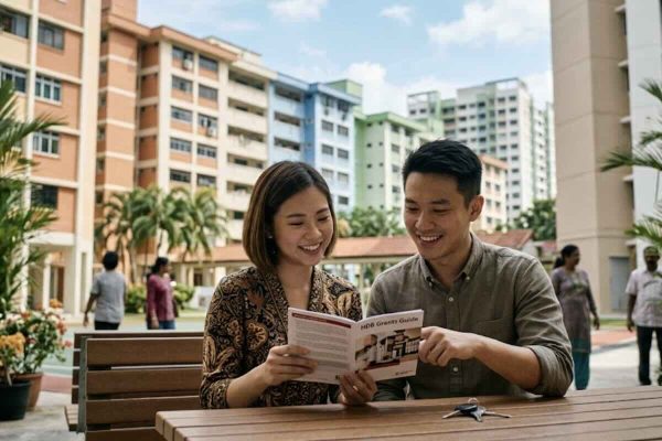 Couple reviewing an HDB housing grants guide before buying a resale flat in Singapore's HDB estate.