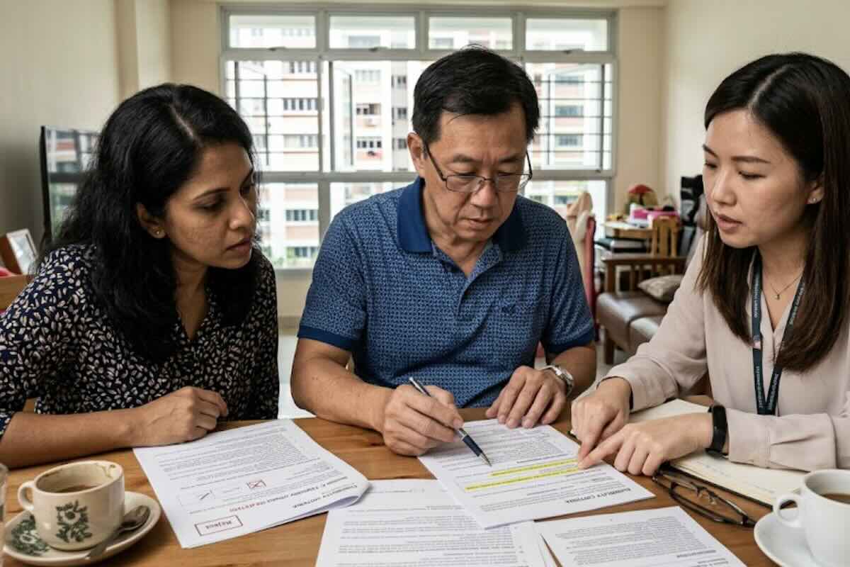 Family discussing HDB housing grant eligibility and signing documents with a housing adviser in Singapore.